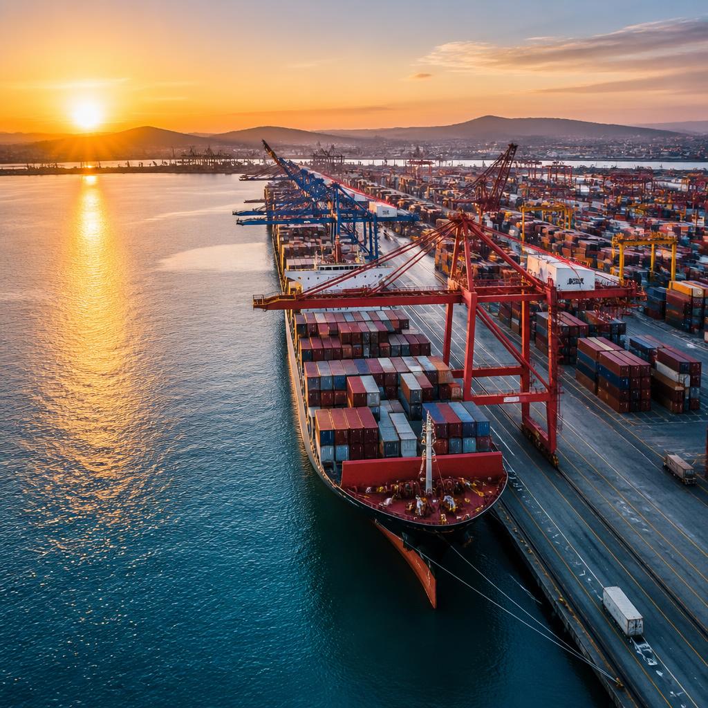 Terminal portuário com navio cargueiro e guindastes ao entardecer