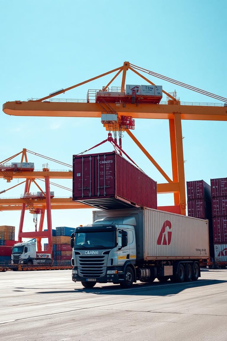 Guindaste portuário içando contêiner sobre caminhão no terminal