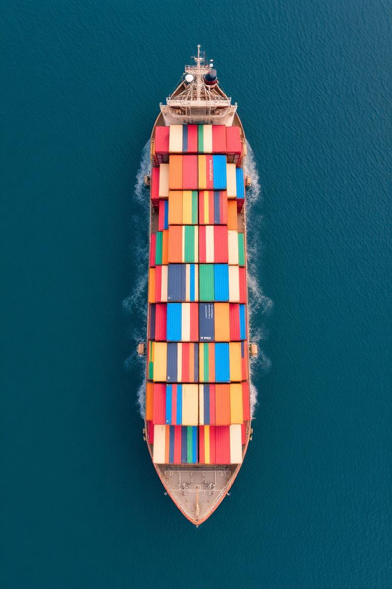 Navio cargueiro carregado de contêineres visto de cima no oceano